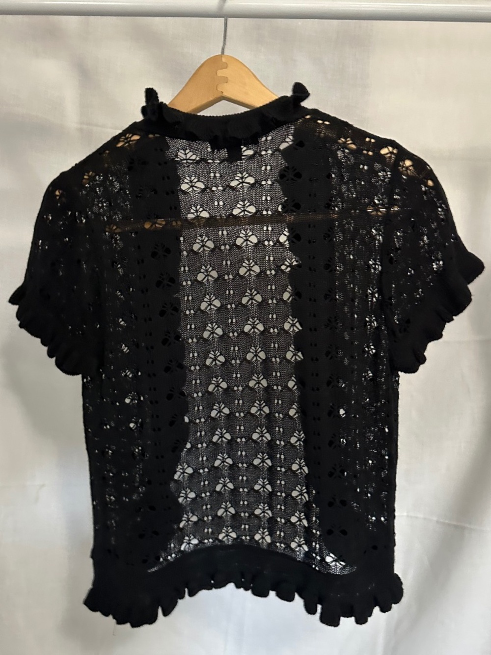 Elementz Black Lace Open Front Cardigan Size S Sheer Ruffle Trim
